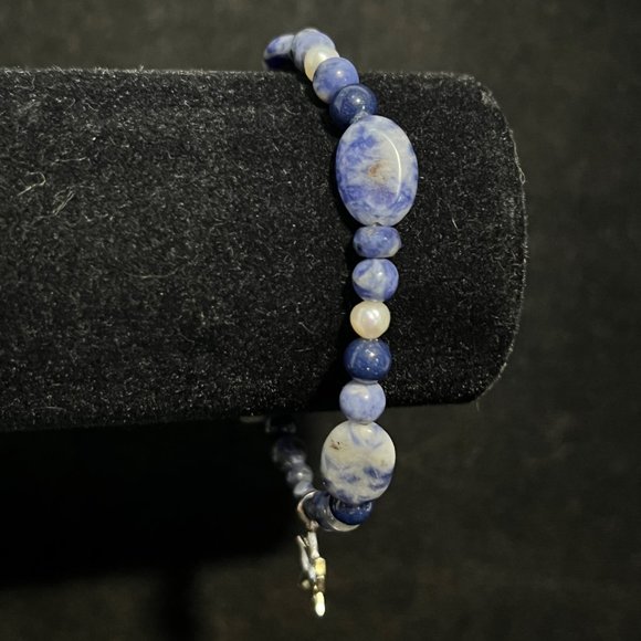 Marsala Co Sodalite, Faux Pearl & Sterling Silver Bracelet W/Lotus Charm (3787) - Picture 2 of 4